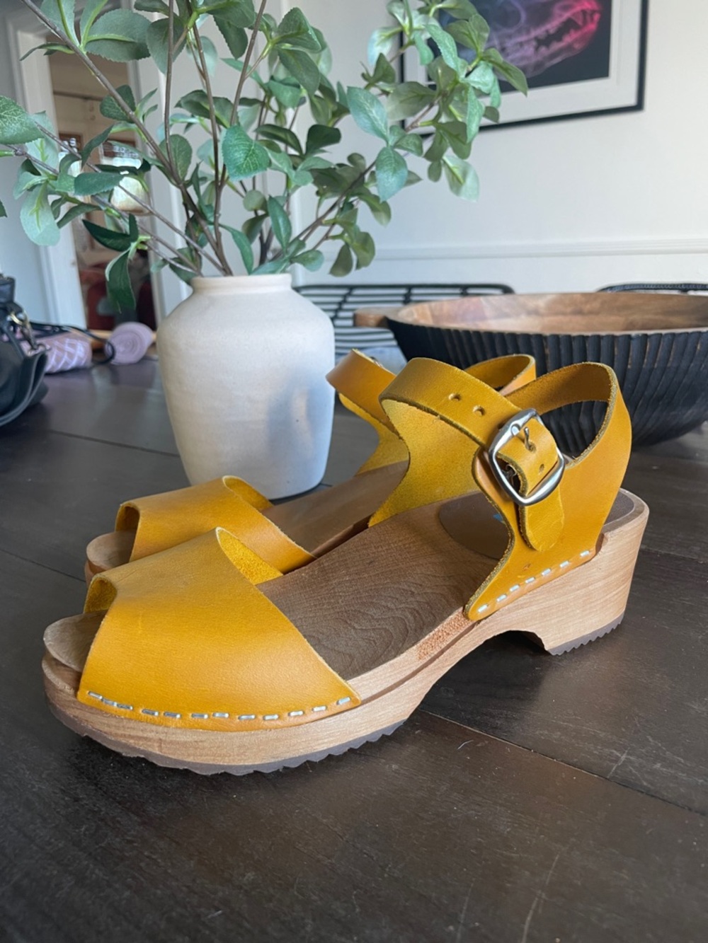 Authentic Swedish Sven’s Mustard Leather Clog Sandals with Buckle Strap